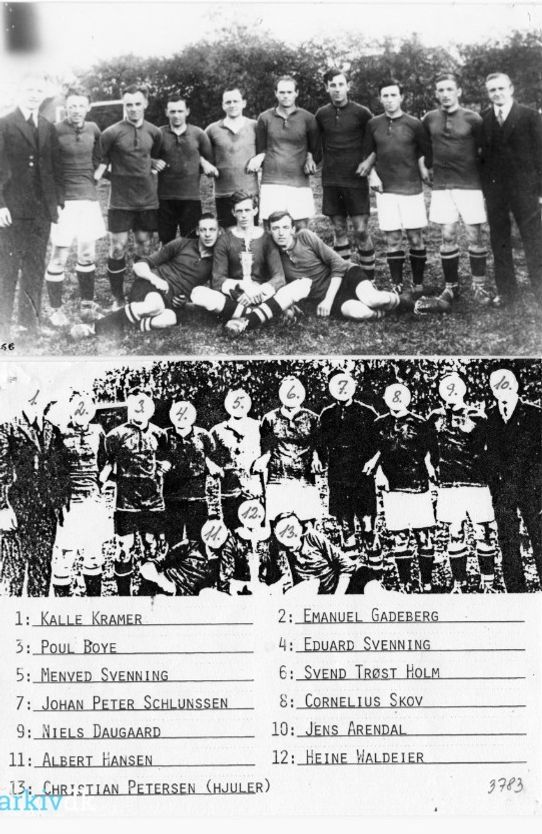 Fra Vejen Arkiv.
Nej, hvor var de unge dengang.
Vejen Sportsforening Fodboldhold.
Bemærkning 1 Kalle Kramer 2 Emanuel Gadeberg 3 Poul Boye 4 Eduard Svenning 5 Menved Svenning 6 Svend Trøst Holm 7 Johan Peter Schlünsen 8 Cornelius Skov 9 Niels Daugaard 10 Jens Arendal 11 Albert Hansen 12 Heine Waldeier 13 Christian Petersen Hjuler.