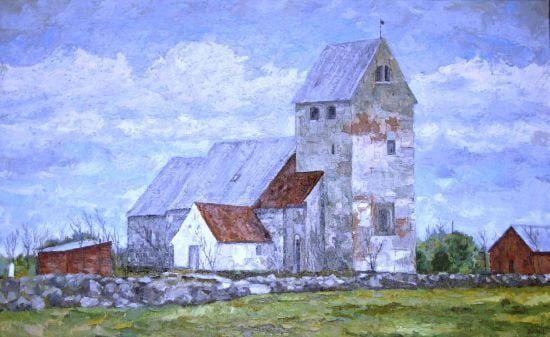 Kunstmaler og museumsleder Svend Holm Larsen har malet billedet af den gamle kirke.